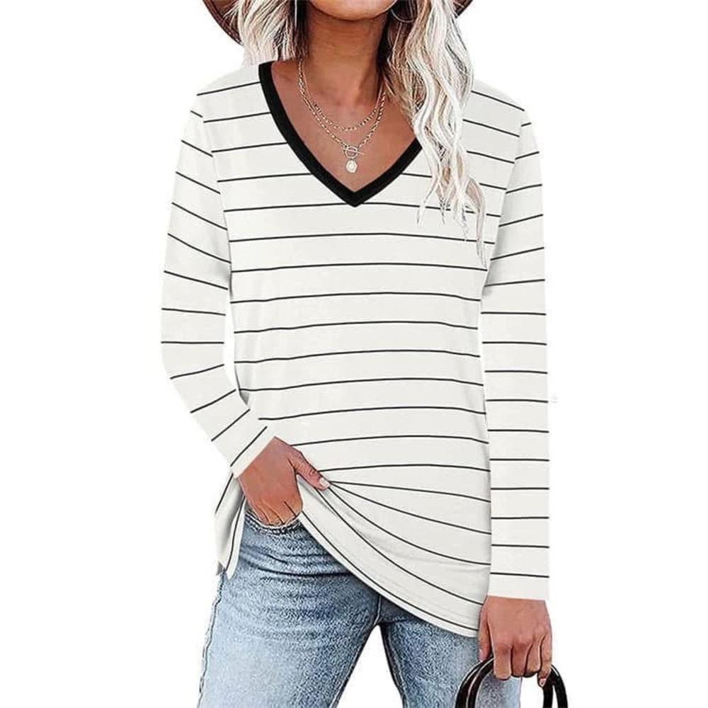 NEW White/Black Striped V-neck Long Sleeve Tee